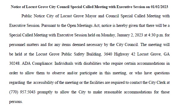 Notice January 2, 2023 Executive Session special Called